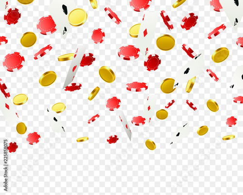 A big victory. Winning in the casino. Flying chips, playing cards and coins on a transparent background. Vector illustration