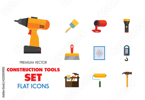 Construction tools icon set. Saw, hammer, drill, screwdriver, toolbox. Renovation concept. Can be used for topics like interior decoration, construction site, DIY store