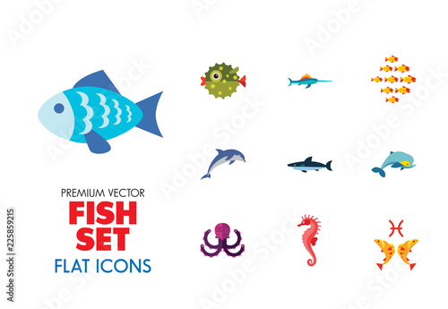 Fish icons set with dolphin, shark and seahorse. Thirteen vector icons