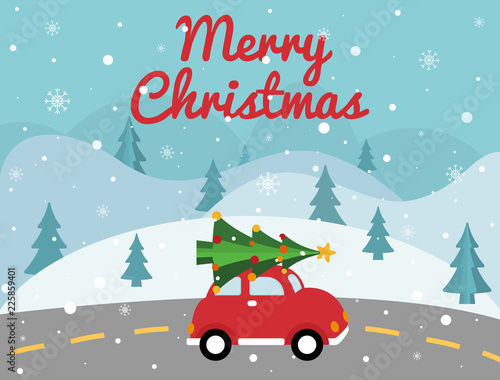 Merry Christmas red car with xmas tree on the top. Christmas card with winter landscape, road, retro pickup, xmas tree. Bright holiday design. Vector illustration