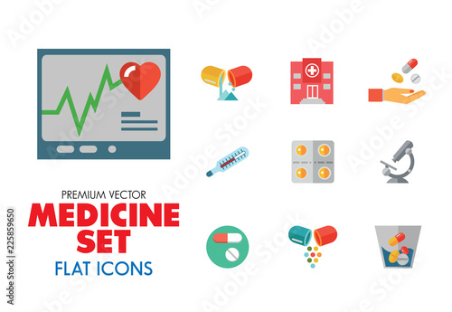 Medicine icon set. Capsule, pill, syringe, scalpel, microscope. Medication concept. Can be used for topics like medical help, lad research, test, emergency