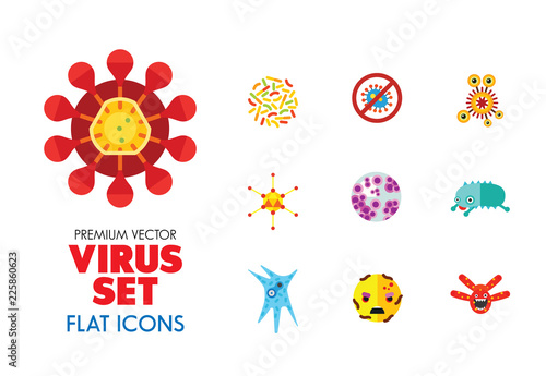 Virus icons set. Thirteen vector icons of influenza virus, coronavirus, adenovirus and other bacteria