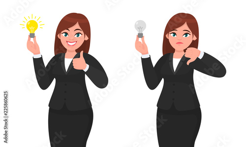 Happy businesswoman holding bright light bulb and showing thumbs up sign. Unhappy businesswoman holding bulb and gesturing thumbs down sign. Idea, invention and innovation concept illustration.