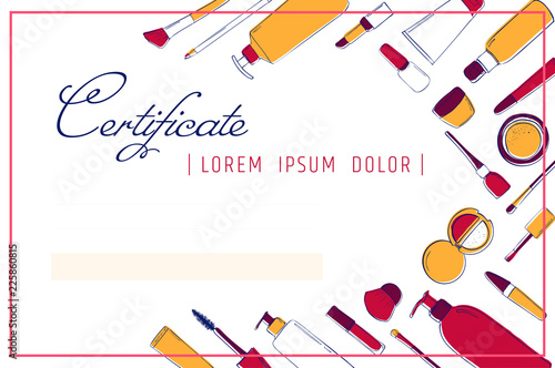 Makeup certificate template. beauty school or refresher courses for beautician. Make up cosmetic diploma.