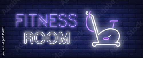 Fitness room neon text with exercise bike. Bicycling, sport and advertisement design. Night bright neon sign, colorful billboard, light banner. Vector illustration in neon style.