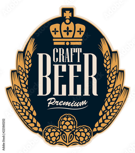 Template beer label with wheat or barley ears, hops and crown in oval frame. Vector label for craft beer in retro style in form of coat of arms