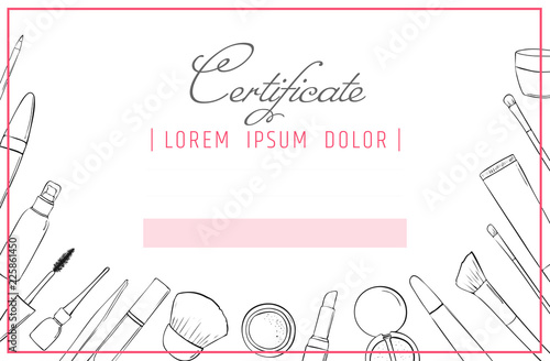 Makeup certificate template. beauty school or refresher courses for beautician. Make up cosmetic diploma.