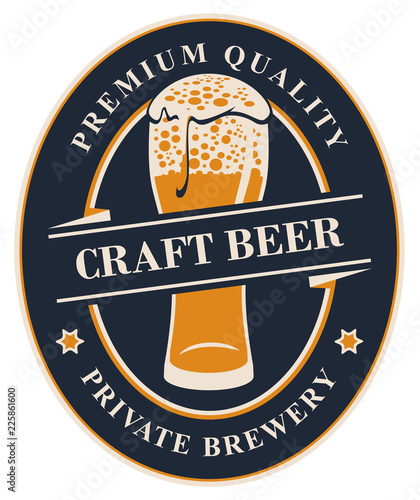Vector label or banner for craft beer of the private brewery, with calligraphic lettering and overflowing glass of frothy beer on dark background in oval frame
