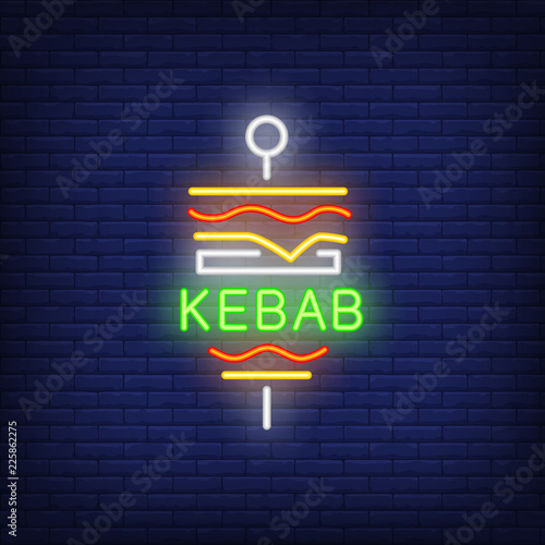 Kebab neon sign. Glowing neon sign of kebab with inscription. Food concept. Night bright advertisement. Vector illustration for night snack bar. 