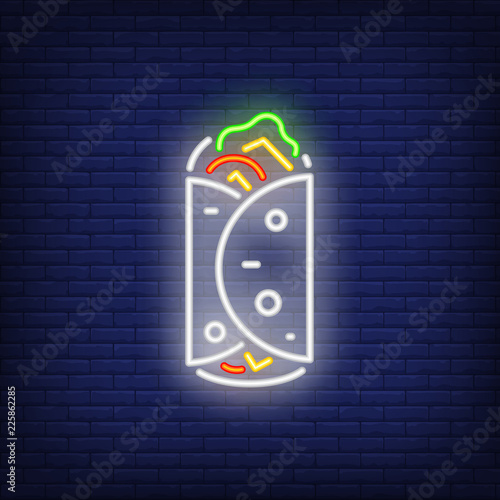 Lavash wrap neon sign. Glowing kebab in lavash bread. Food concept. Night bright advertisement. Vector illustration in neon style for night snack bar or restaurant