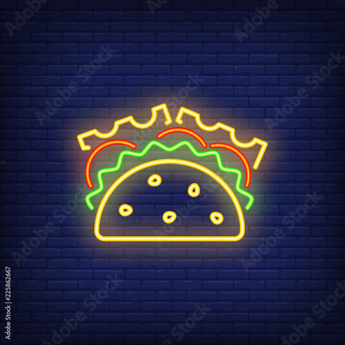 Taco neon sign. Glowing taco banner. Night bright advertisement. Food concept. Vector illustration for night snack bar or restaurant. 