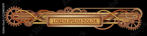 Mechanical banner decorated with brass gears, nozzles and rivets on a black Steampunk background.