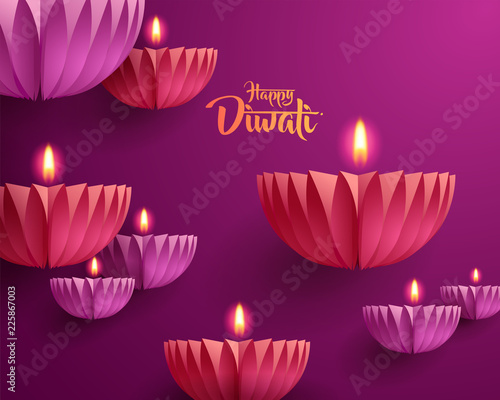 Happy Diwali. Paper graphic of Indian Diya oil lamp design. The Indian festival of lights.