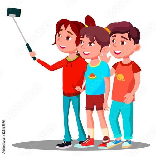 Group Of Children Make A Selfie Picture On Mobile Phone Vector. Isolated Illustration