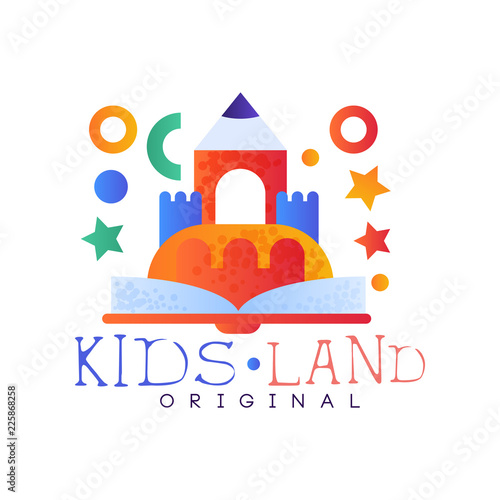 Kids land logo original, creative label template, playground, entertainment or educational club badge vector Illustration on a white background