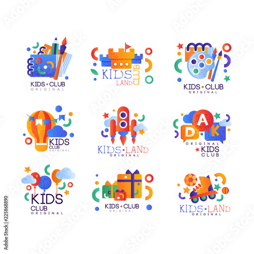 Kids club logo original set, creative labels templates, playground, entertainment, science education curricular club badges vector Illustration on a white background