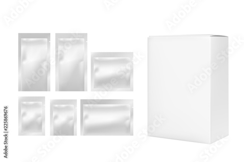 White foil or plastic sachet and box for food or medicines