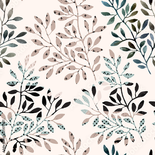 Watercolor seamless pattern - tree branches filled with minimal, doodle texture