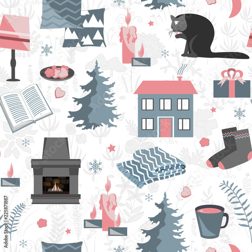 Hygge seamless pattern. Vector illustration with forest plants and cozy home things