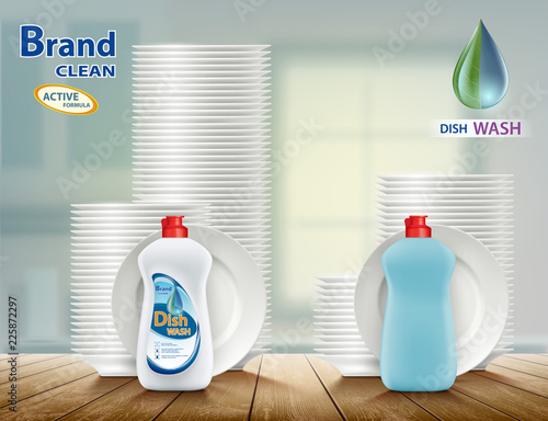 Dishwashing liquid soap with plates. Comparison of two detergents for dishes.