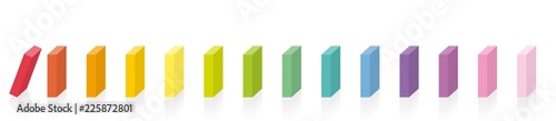 Colorful dominoes. Rainbow colored chain reaction. The first red one starts, the other dominoes are still standing. Isolated vector illustration on white background.