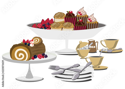 ブッシュドノエル。クリスマスケーキ。バースデーケーキ。ティーセット。紅茶とケーキのイメージ。ティータイムのイメージ。