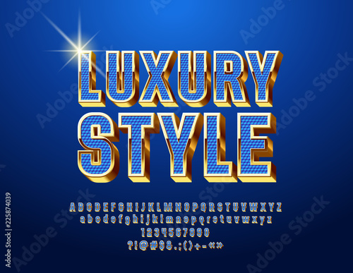 Chic Blue and Golden Font. Luxury 3D Alphabet Letters, Numbers and Symbols.