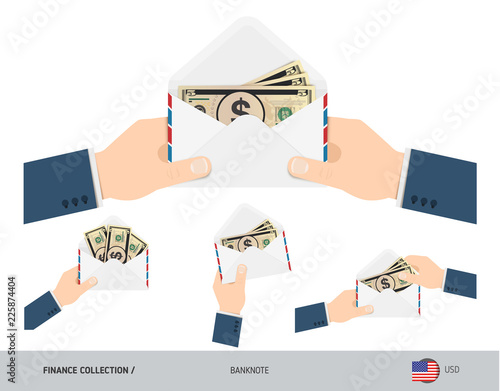 5 US Dollar Banknotes in envelope hold in hand. Set of flat style opened white envelopes with cash. Salary payout or corruption concept.