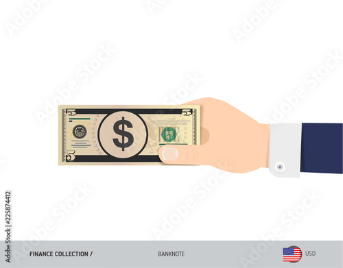 5 US Dollar Banknote. Hand gives money. Flat style vector illustration. Salary payout or corruption concept.