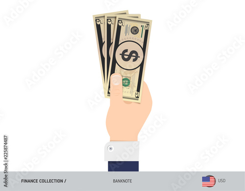 5 US Dollar Banknote. Hand gives money. Flat style vector illustration. Salary payout or corruption concept.