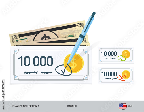 Bank checks set with 5 US Dollar Banknotes. Flat style vector illustration. Finance concept.