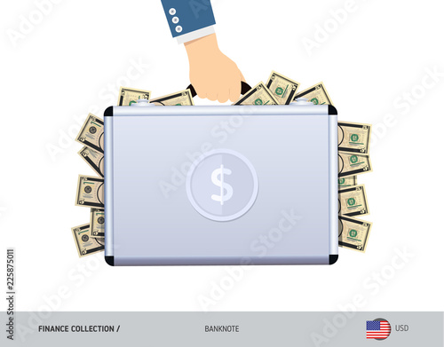 Hand holds a metal case with 5 US Dollar Banknotes. Flat style vector illustration. Salary payout or corruption concept.