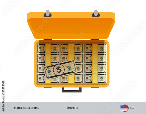 Yellow case with 5 US Dollar Banknotes. Flat style vector illustration. Salary payout or corruption concept.