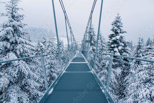 Pedestrian suspension bridge in Sattel Lucerne region Switzerland. photo