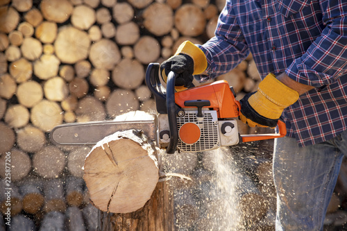 The worker works with a chainsaw. Chainsaw close up. Woodcutter saws tree with chainsaw on sawmill. Chainsaw in action cutting wood. Man cutting wood with saw, dust and movements. photo