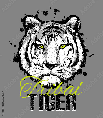 Fototapeta Naklejka Na Ścianę i Meble -  Tribal tiger. Hand-drawn tiger for T-shirt printing. Vector design for t-shirt print