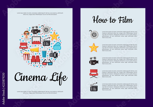 Vector flat cinema icons of set on card or flyer template illustration