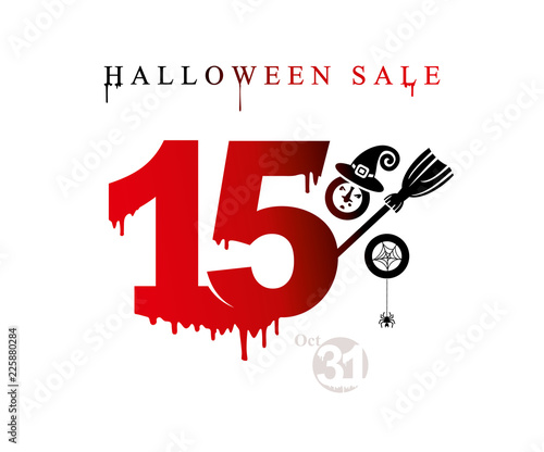 Halloween. Discounts are fifteen percent. Vector banner of holiday sale cheerful witch. Red blood drawn figures 15%. Sign of interest in the form of a head in a witch's hood and witch's broomstick.

