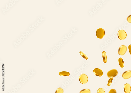 Falling coins, falling money, flying gold coins, golden rain. Jackpot or success concept. Modern background. Vector illustration