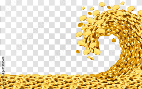 The wave of money. Huge tsunami wave of gold coins. Jackpot or success concept. Vector illustration