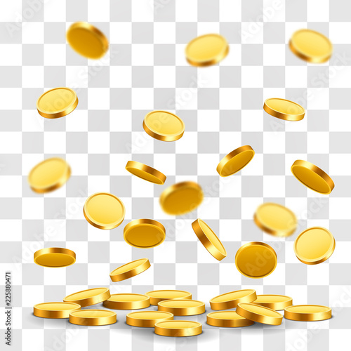 Falling coins, falling money, flying gold coins, golden rain. Jackpot or success concept. Modern background. Vector illustration photo
