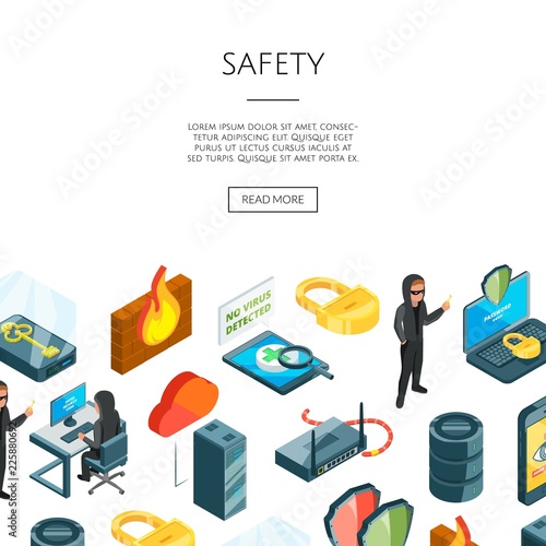 Vector isometric data and computer safety icons background with place for text illustration