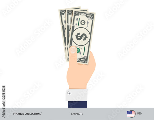 1 US Dollar Banknote. Hand gives money. Flat style vector illustration. Salary payout or corruption concept.