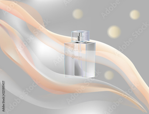 Advertising of perfume products. Bottle with eau de toilette and transparent silk ribbons on grey background.