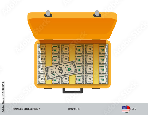 Yellow case with 1 US Dollar Banknotes. Flat style vector illustration. Salary payout or corruption concept.