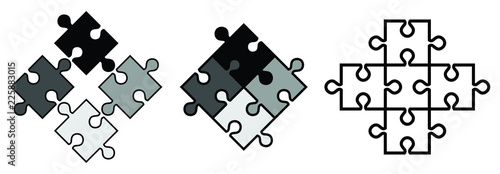 Simple jigsaw puzzle pieces. Vector objects snap to each other, outline weight and fill colour can be adjusted.