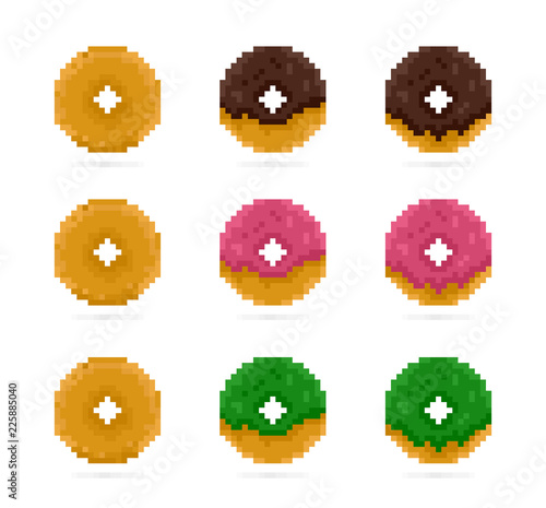 Colored donuts set in pixel art style. Pink, green and brown doughnut. Dessert and sweets 8 Bit icon