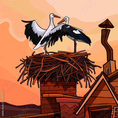 two cartoon storks in the nest on the roof of the house
