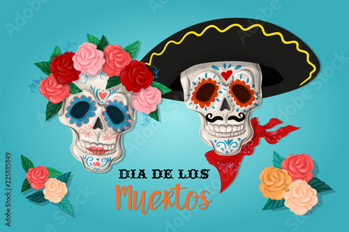 Invitation poster to the Day of the dead party. Dea de los muertos card with skeleton and roses.