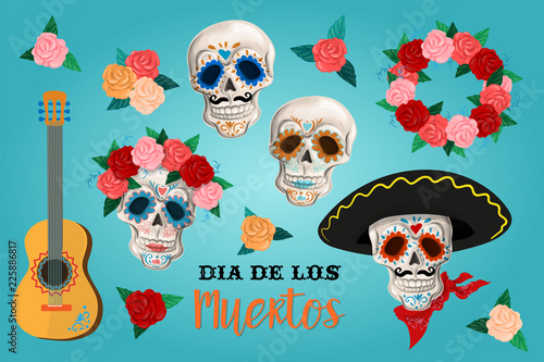 Invitation set to the Day of the dead party. Dea de los muertos card with skeleton and roses.